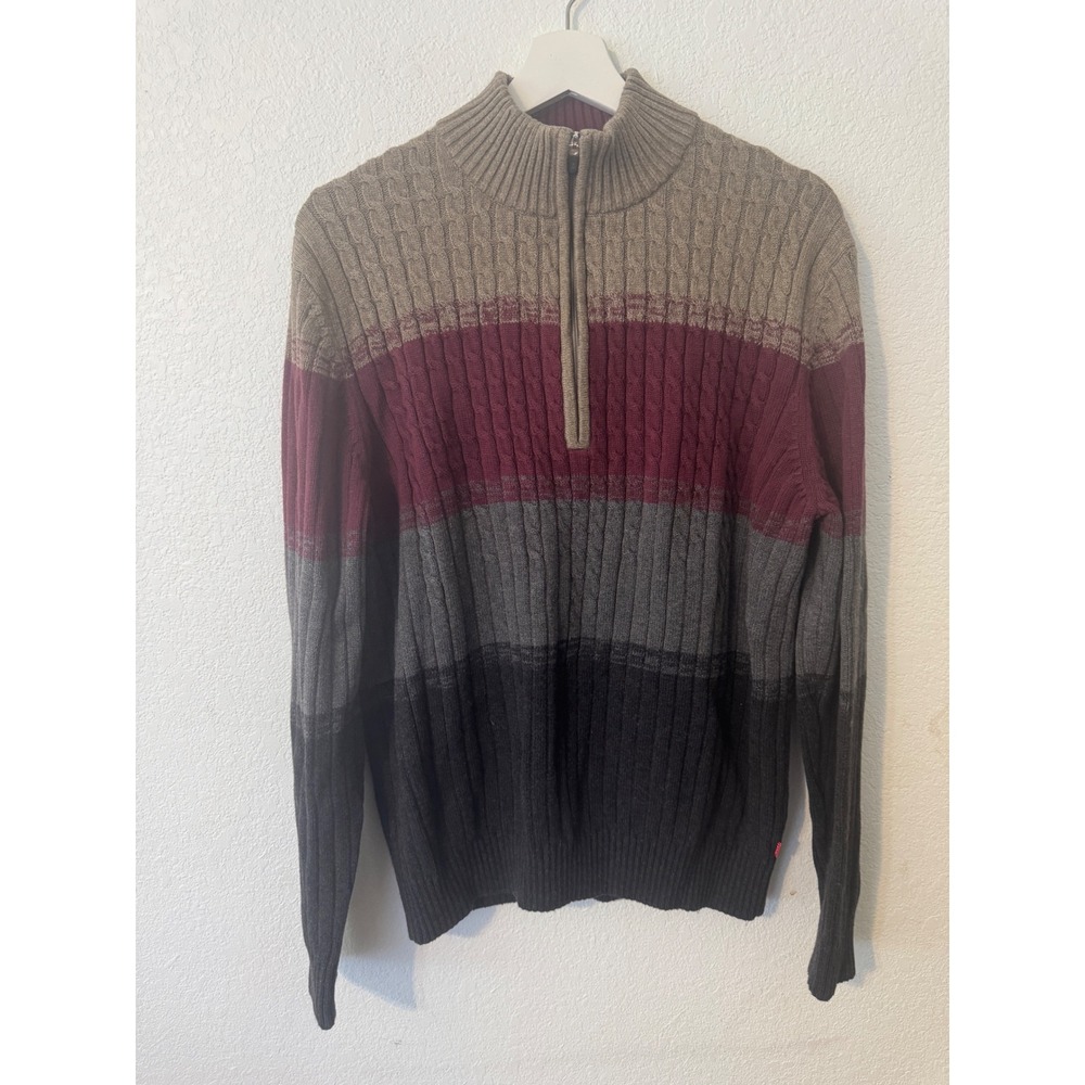 IZOD Mens Quarter Zip Sweater Cable Knit Color Block Burgundy Gray Khaki XL‎